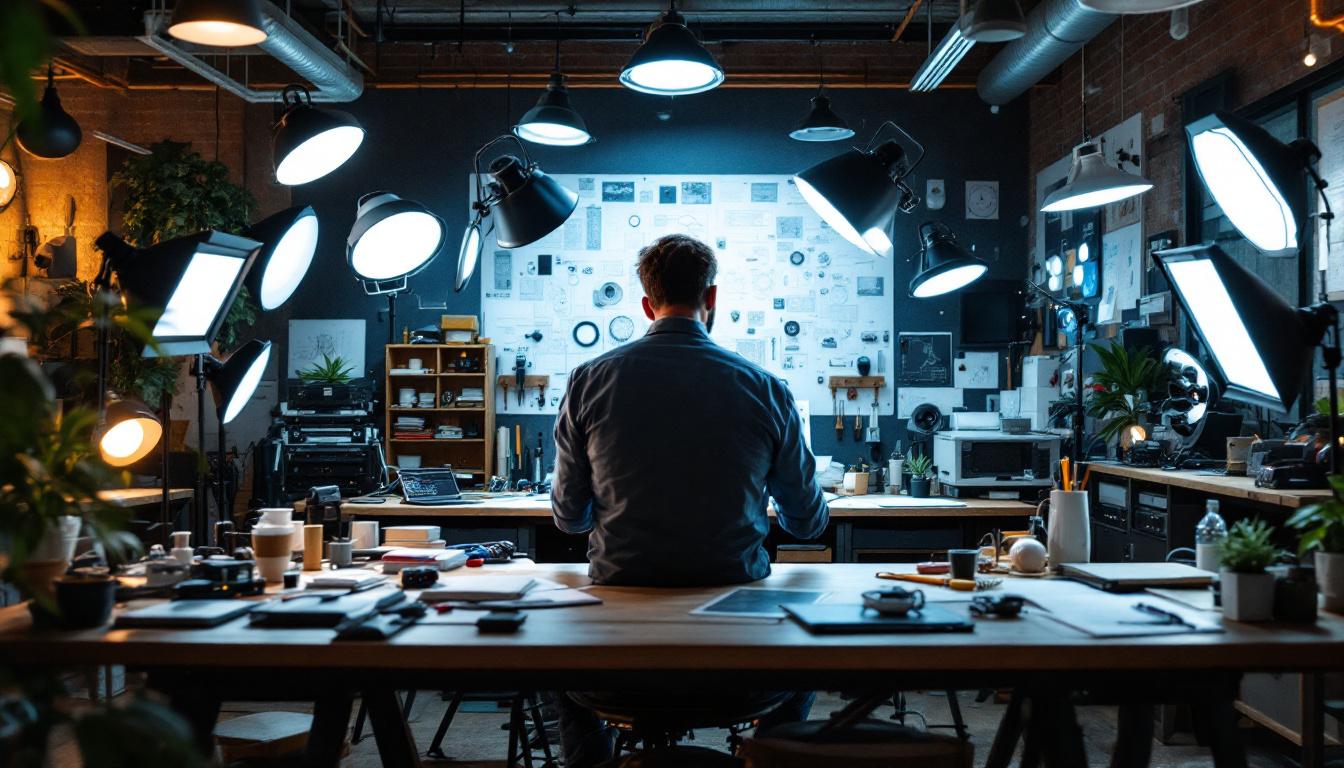 A photograph of a well-organized workspace featuring an array of lighting fixtures