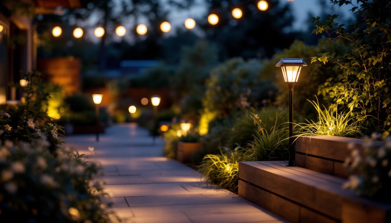 A photograph of a beautifully illuminated outdoor space featuring various styles of solar lights in use