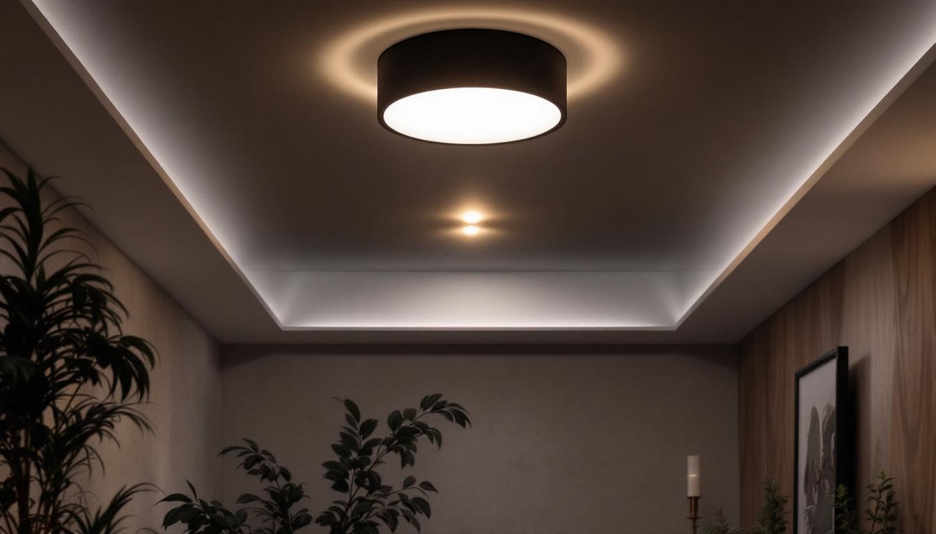 A photograph of a beautifully designed basement ceiling light fixture illuminating a stylish