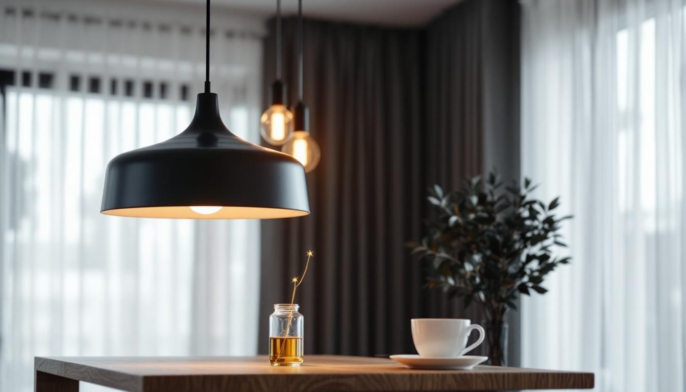 A photograph of capture a photograph of an elegant pendant lighting fixture installed in a modern interior setting