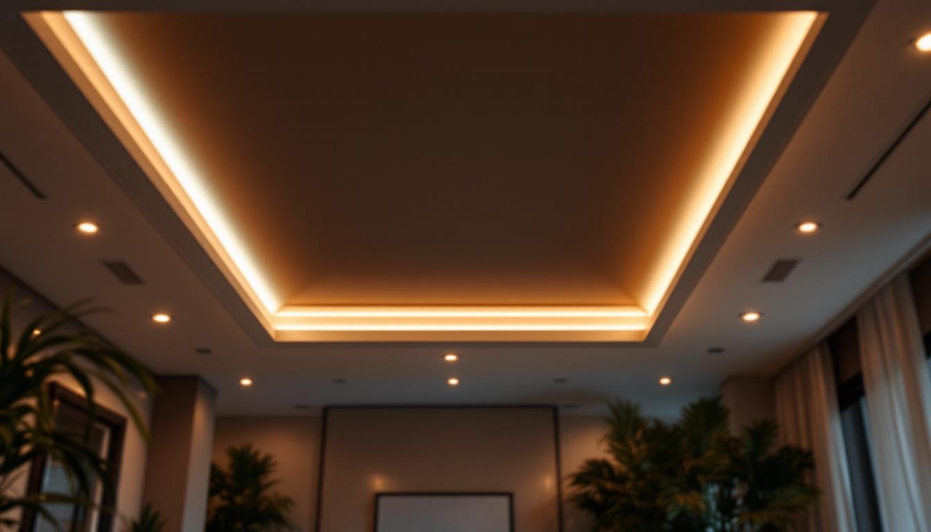 A photograph of a beautifully designed ceiling featuring led strip lights flush-mounted