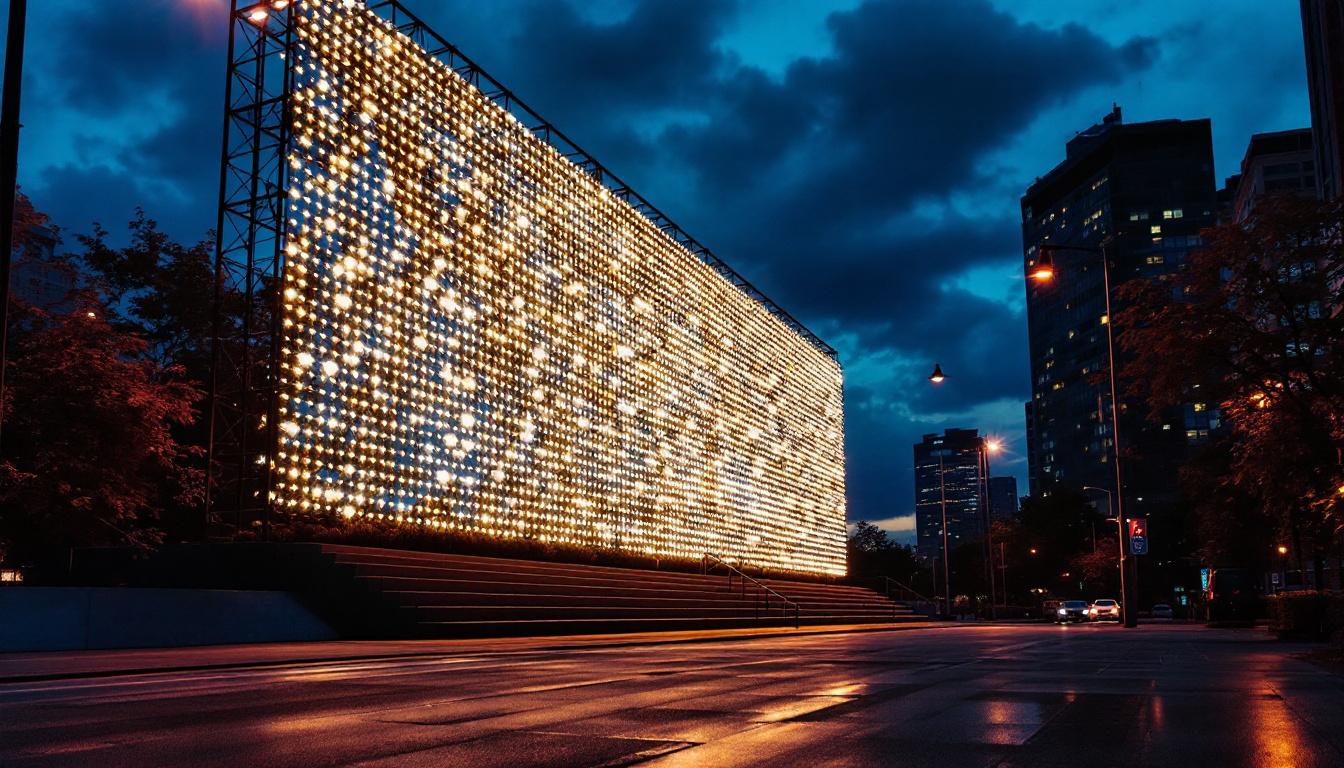 A photograph of a large-scale lighting installation in an urban or commercial setting