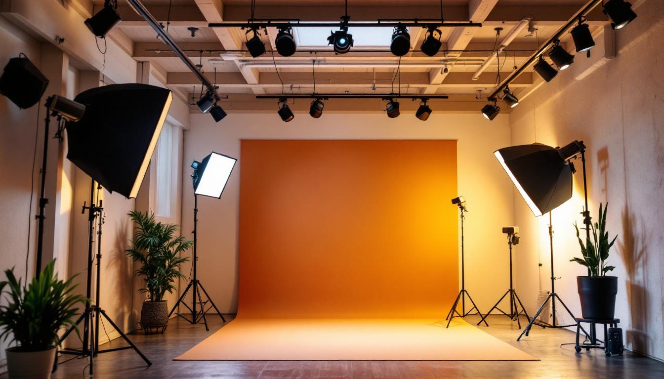 A photograph of a well-lit studio space featuring a variety of ceiling-mounted studio lights in action