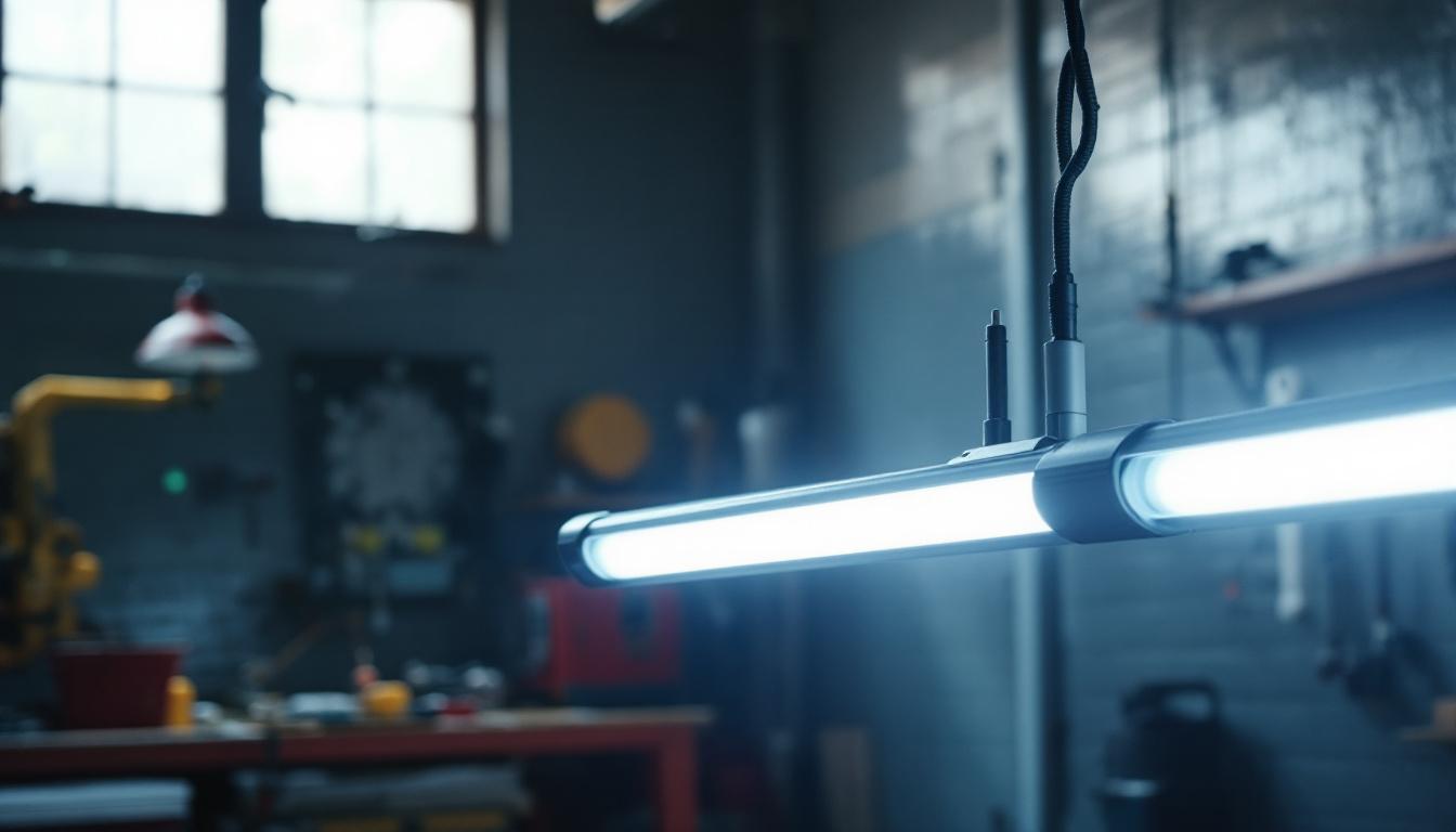 A photograph of capture a photograph of a well-lit workshop or garage setting featuring a 4-foot fluorescent shop light in use