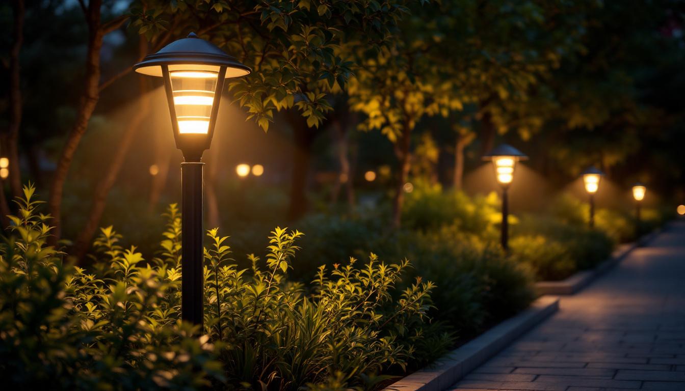 A photograph of a well-lit outdoor space featuring large post lights illuminating a pathway or garden area