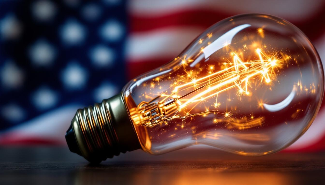 A photograph of a close-up of a glowing light bulb with a backdrop of an american flag