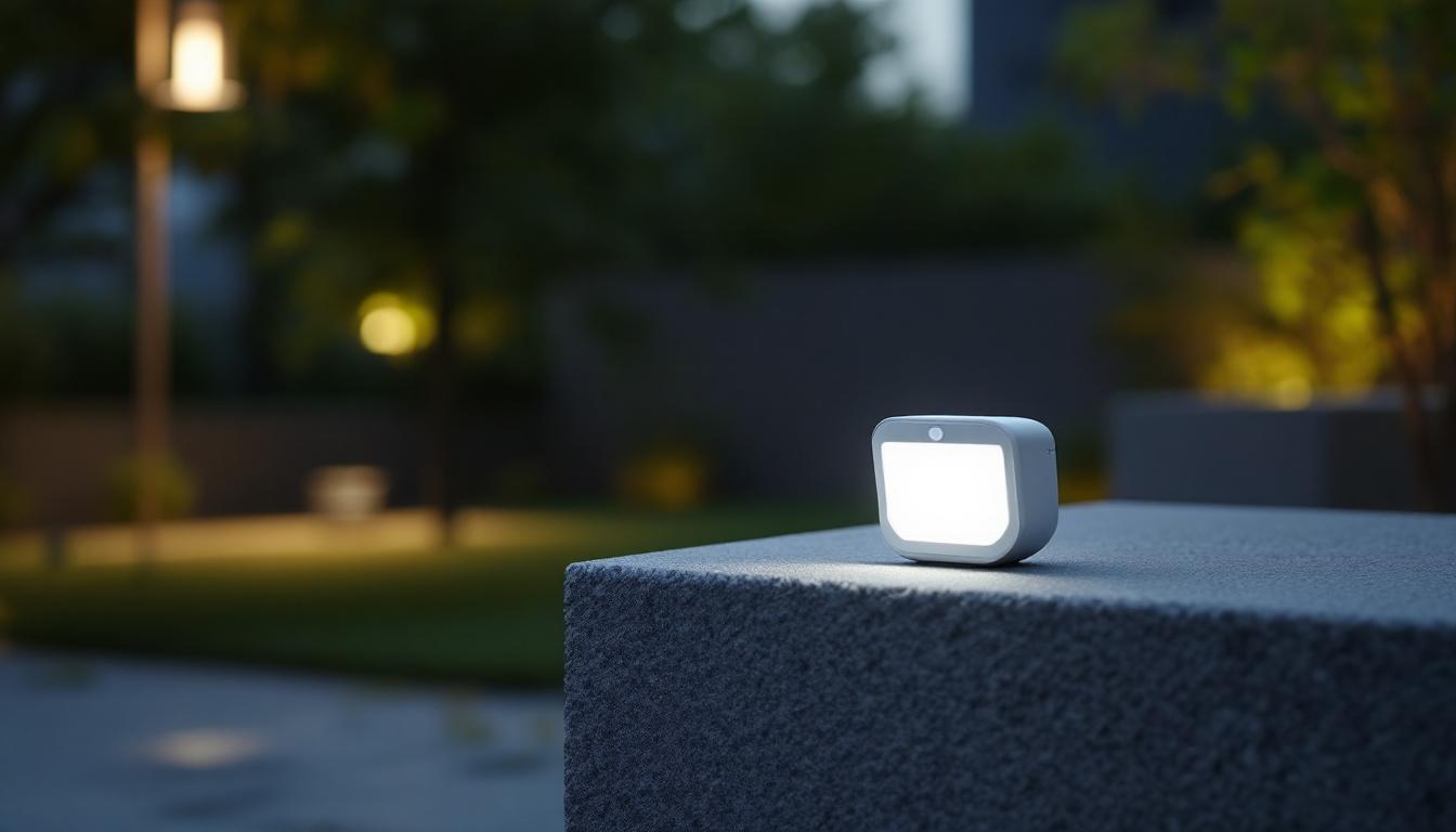 A photograph of a compact motion sensor light in a well-lit outdoor setting