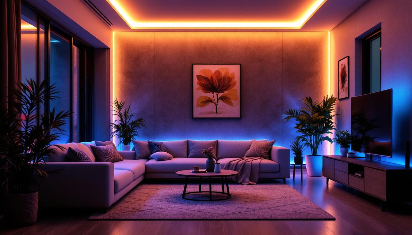 A photograph of a beautifully arranged interior space illuminated by a vibrant 3ft led strip light