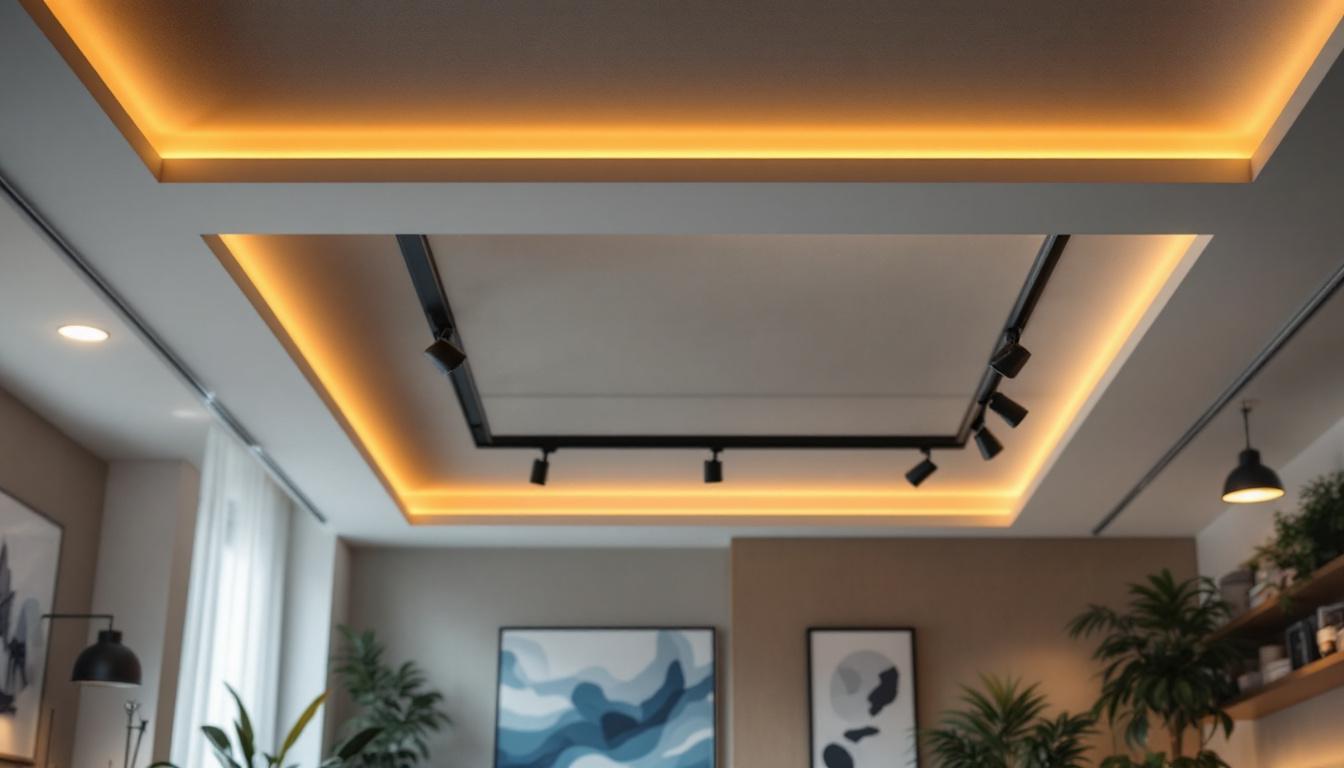 A photograph of a modern ceiling featuring a stylish installation of canned lights