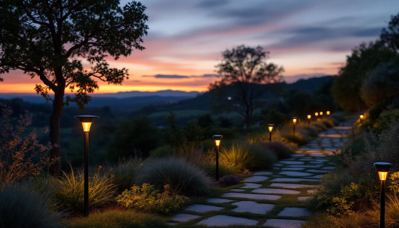 A photograph of a beautifully illuminated outdoor space featuring solar uplighters in action