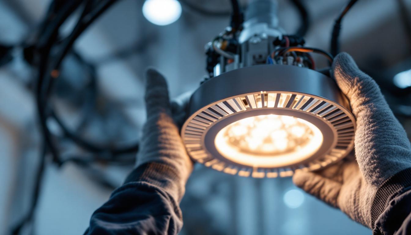 A photograph of a close-up of a 6-inch led light fixture being installed by an electrical engineer