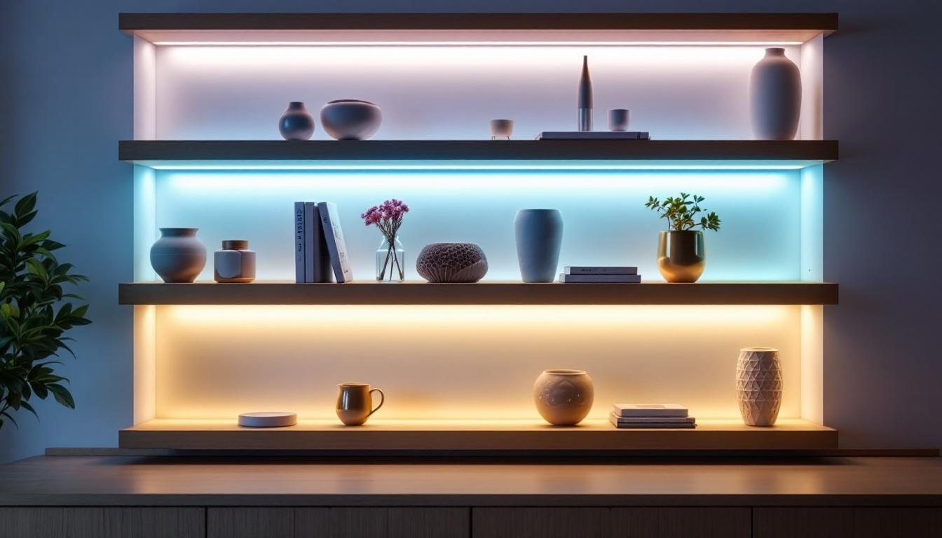 A photograph of a beautifully illuminated shelf featuring led strip lighting