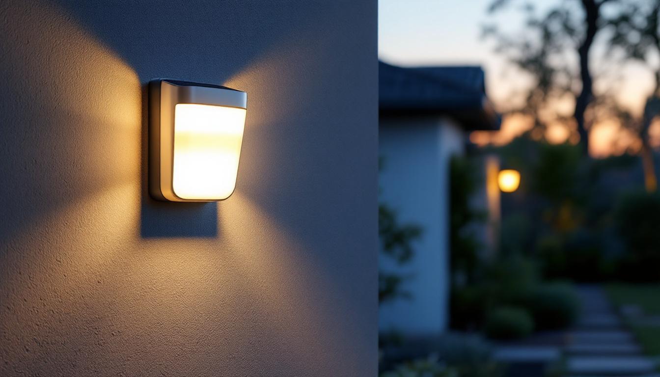 A photograph of a sleek solar outdoor wall light installed on an exterior wall