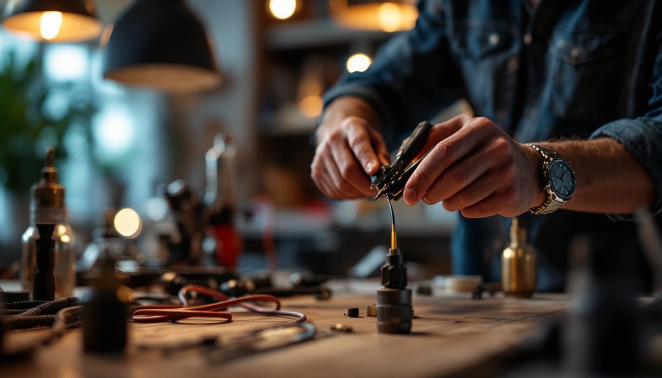 A photograph of a designer or electrician skillfully using wire running tools in a well-lit environment