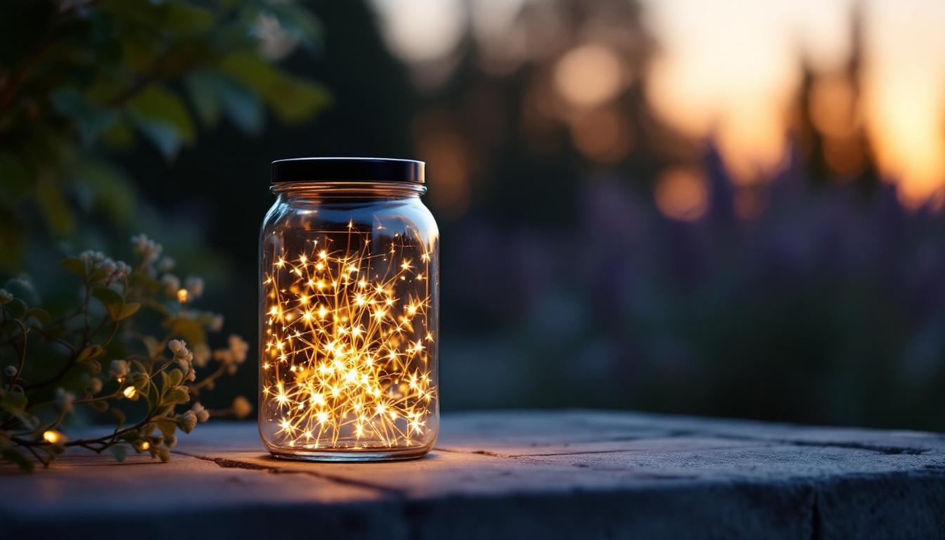 A photograph of a beautifully lit solar jar lamp in an outdoor setting during twilight