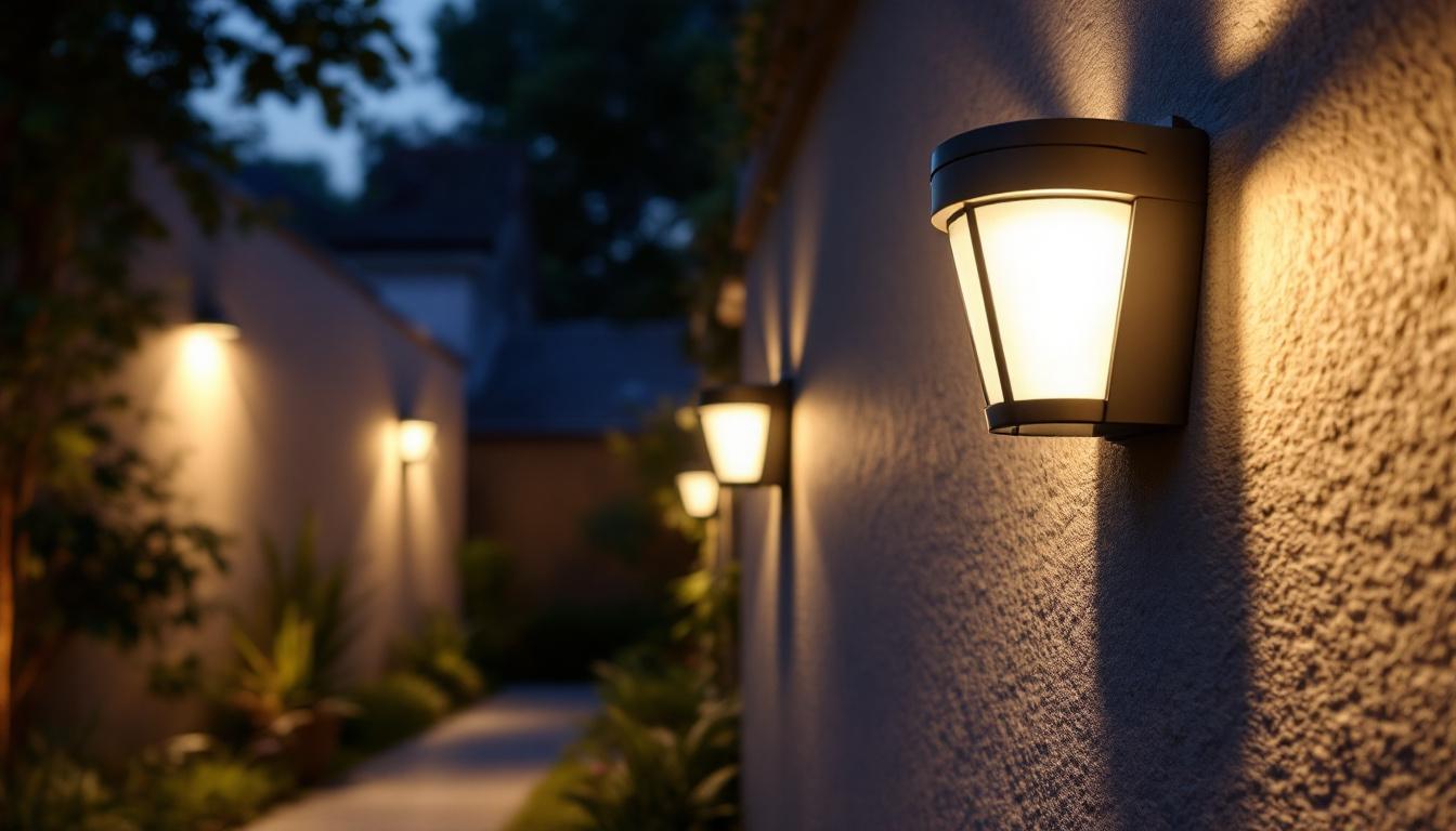 A photograph of a beautifully illuminated outdoor space featuring led solar wall lights in action at dusk
