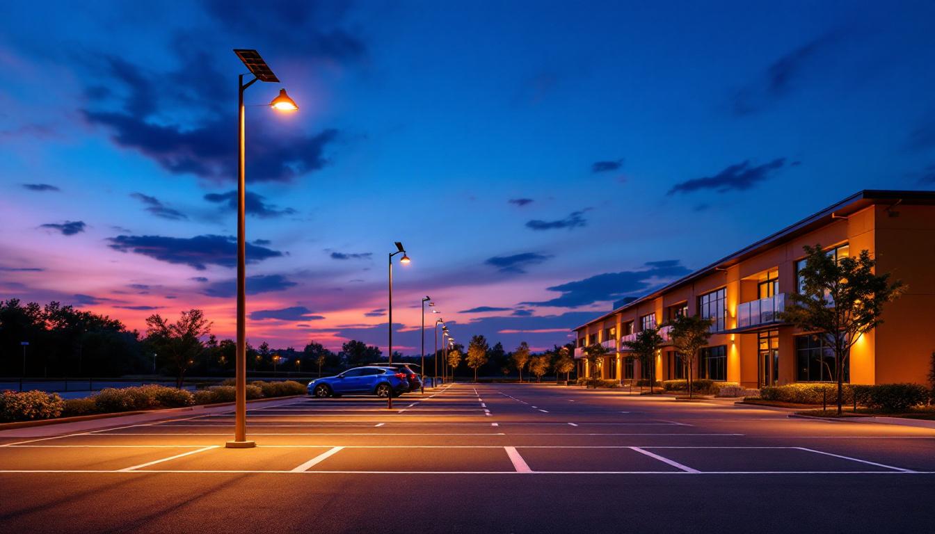 A photograph of a well-lit parking lot at dusk