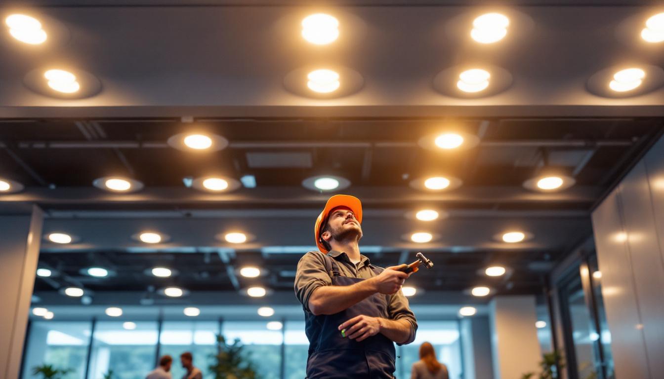 A photograph of a well-lit installation of recessed led cans in a modern ceiling