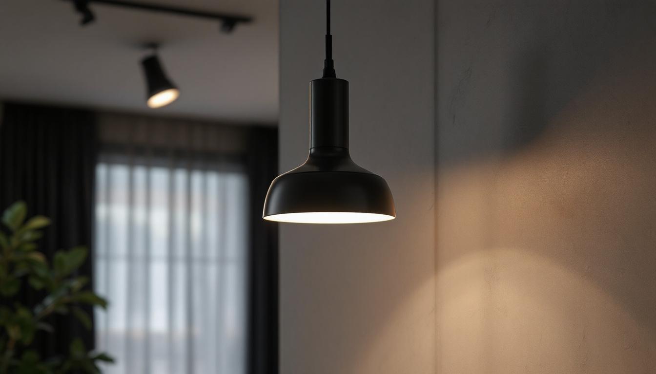 A photograph of a sleek and modern pull-down light fixture installed in a stylish interior setting