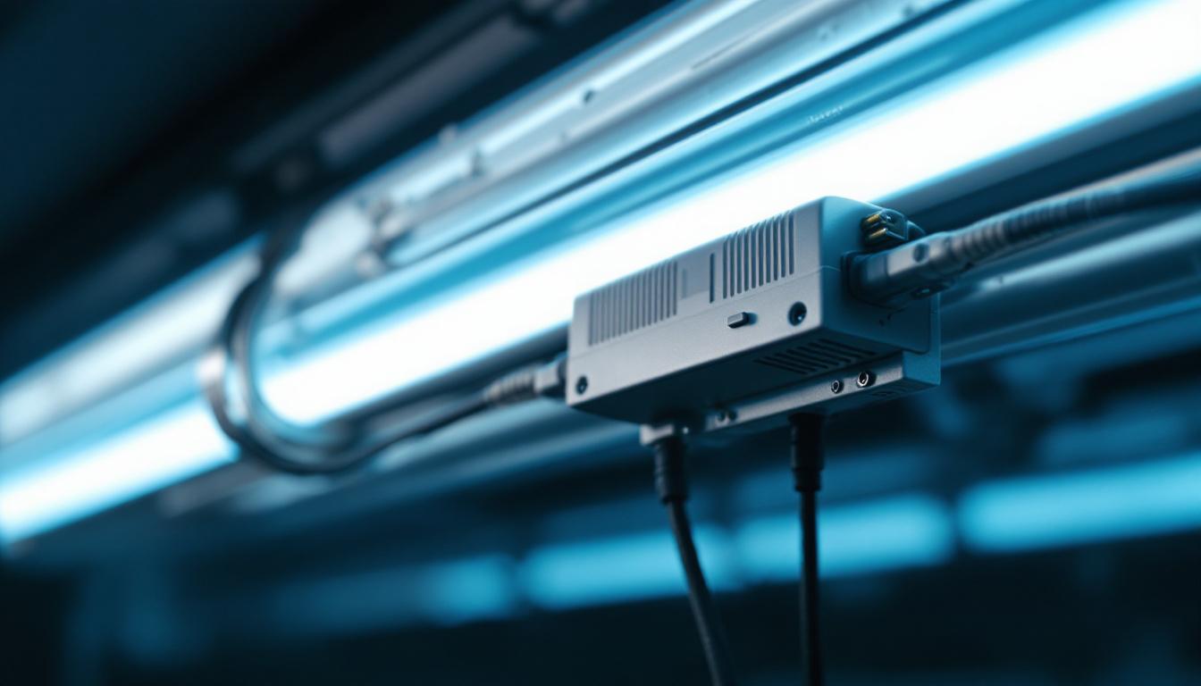 A photograph of a close-up of a fluorescent ballast alongside a fluorescent light fixture