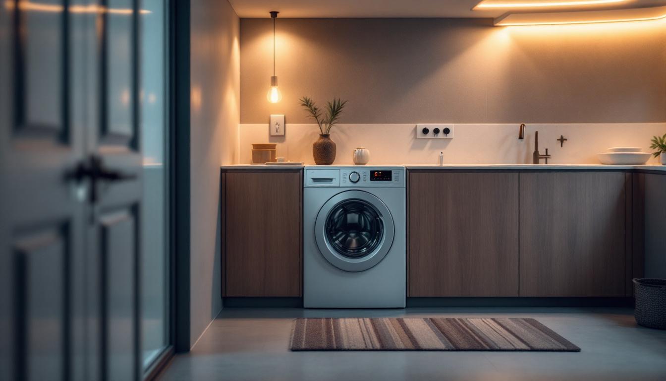A photograph of a modern laundry room featuring a washing machine with an energy-efficient outlet