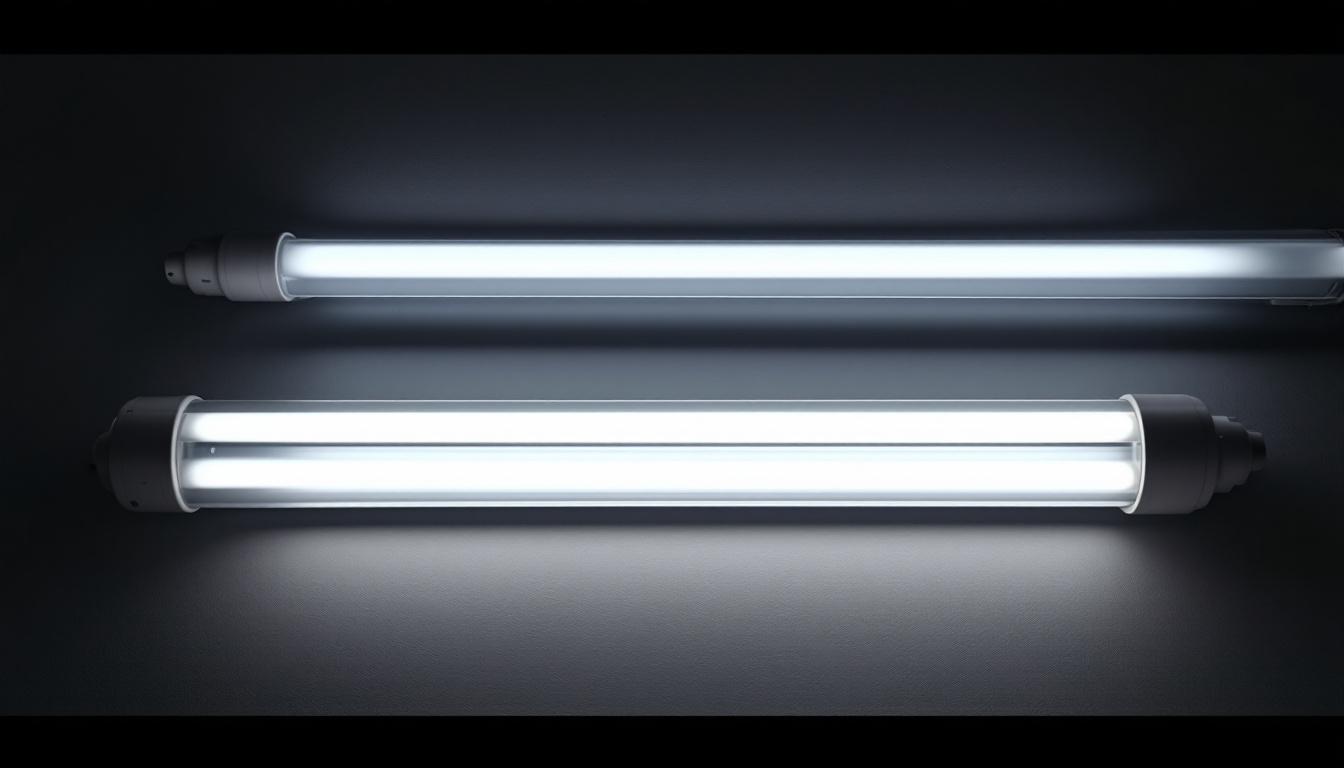 A photograph of a side-by-side comparison of t8 and t12 fluorescent tubes illuminated in a well-lit environment