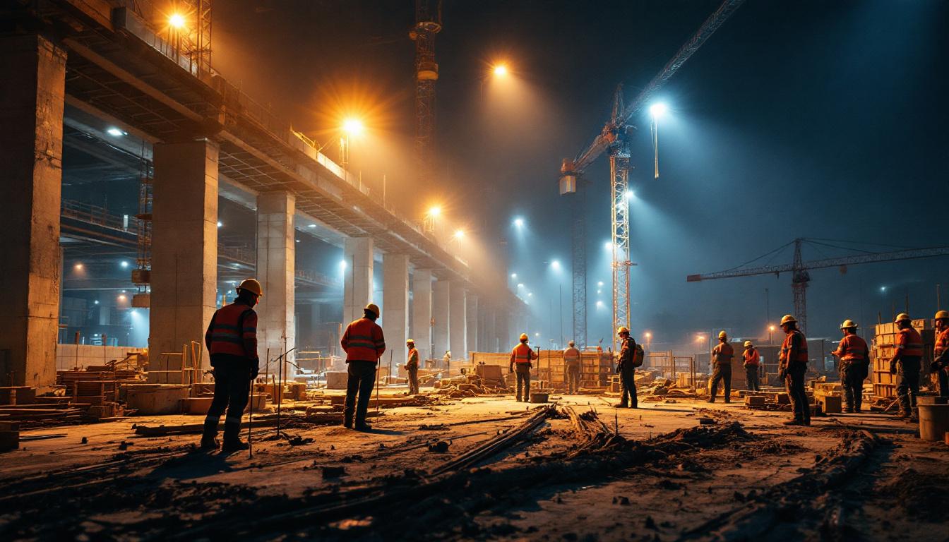 A photograph of a modern construction site illuminated by advanced led lights