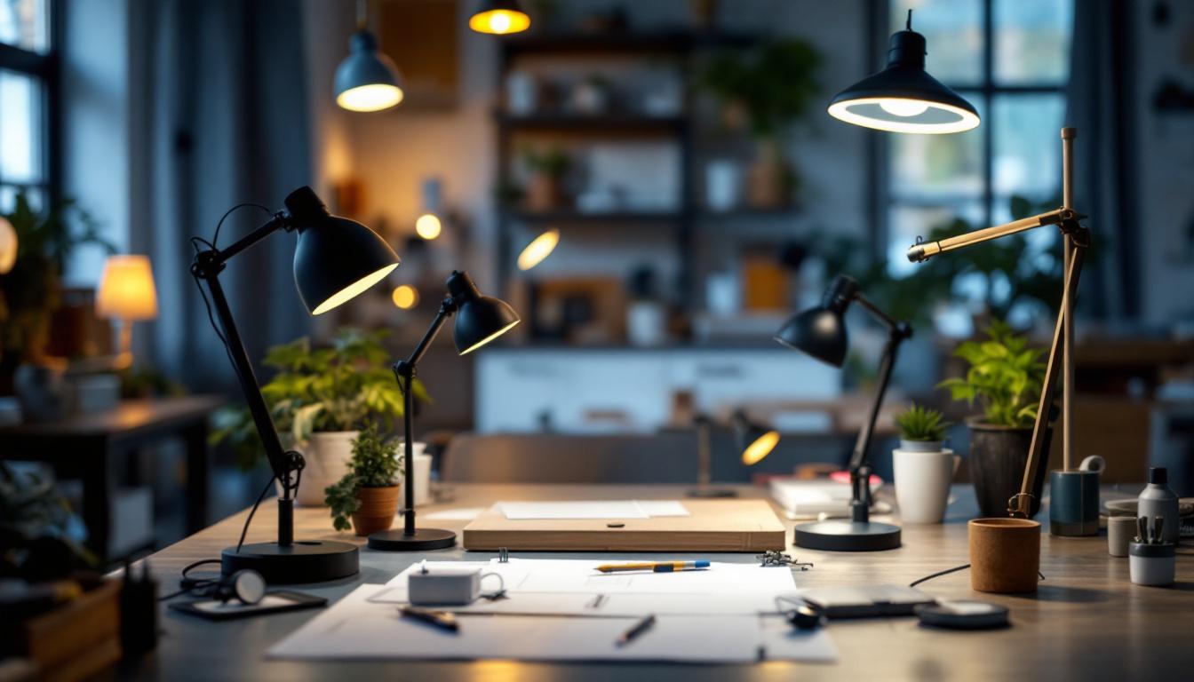 A photograph of a well-lit workspace featuring various led shop lamps in use