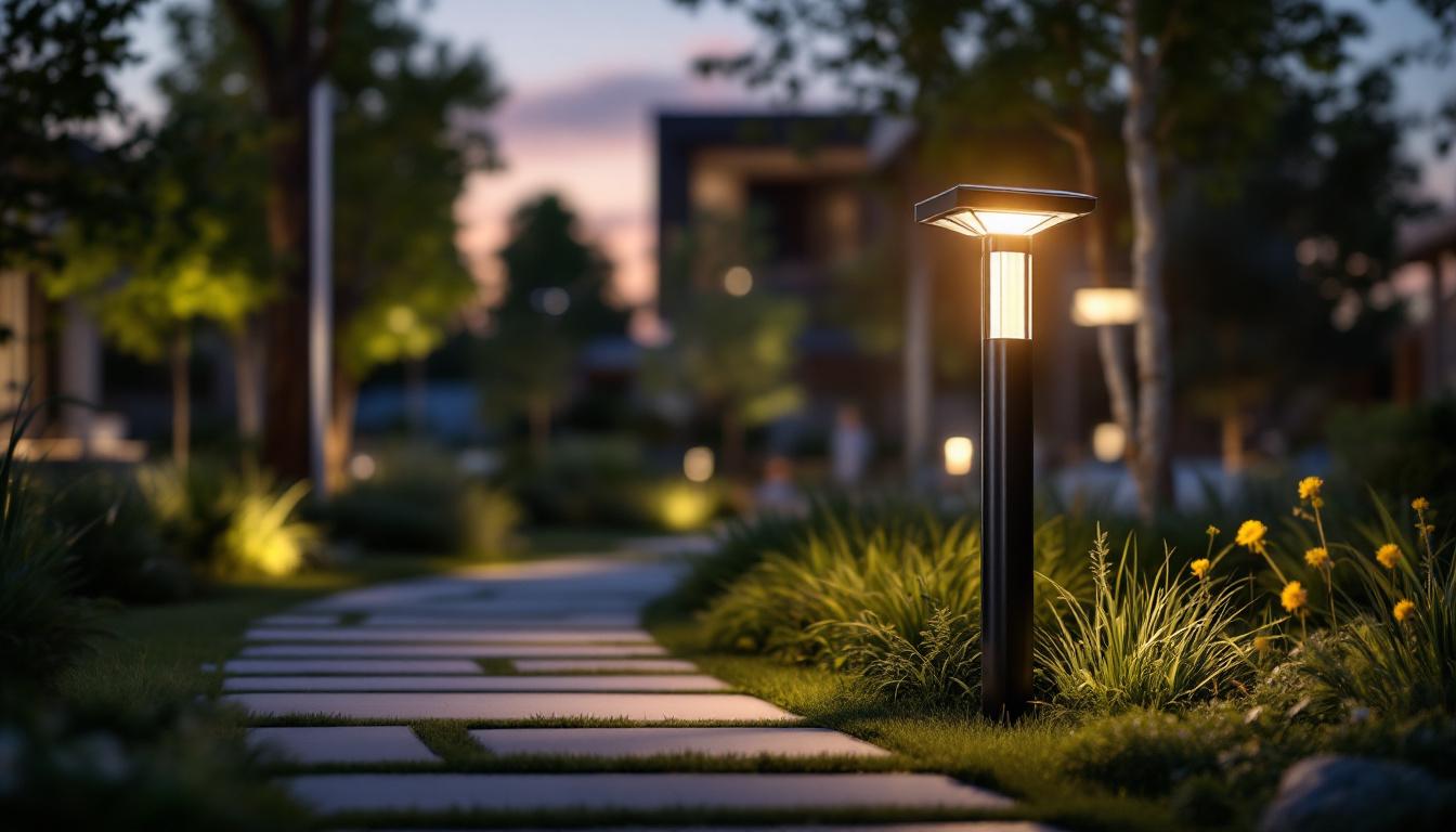 A photograph of a solar post light illuminating a pathway in a modern outdoor setting