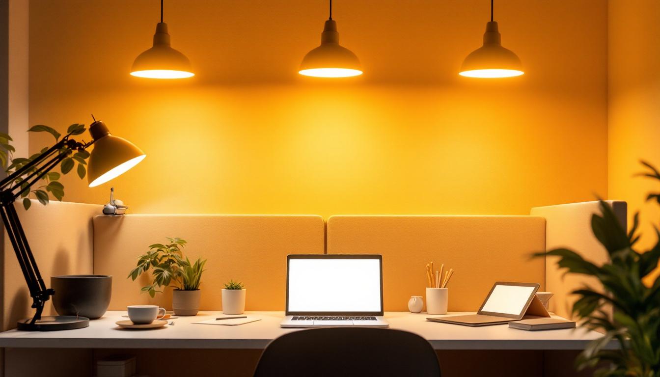 A photograph of a modern office cubicle illuminated by energy-efficient lighting