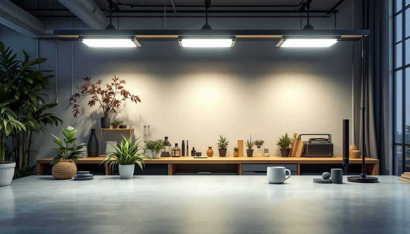 A photograph of a well-lit workspace featuring 4-foot fluorescent shop lights