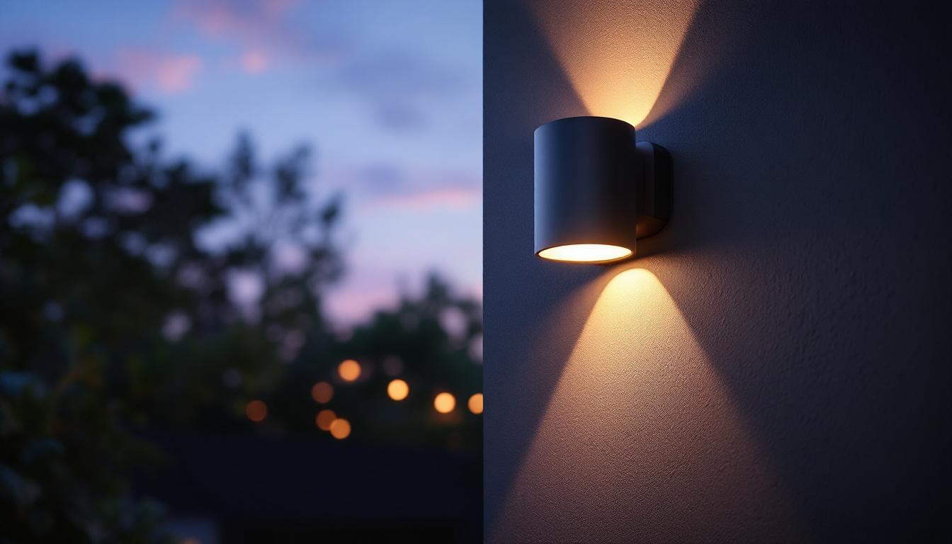 A photograph of a stylishly designed wall-mounted exterior light fixture illuminating a modern outdoor space