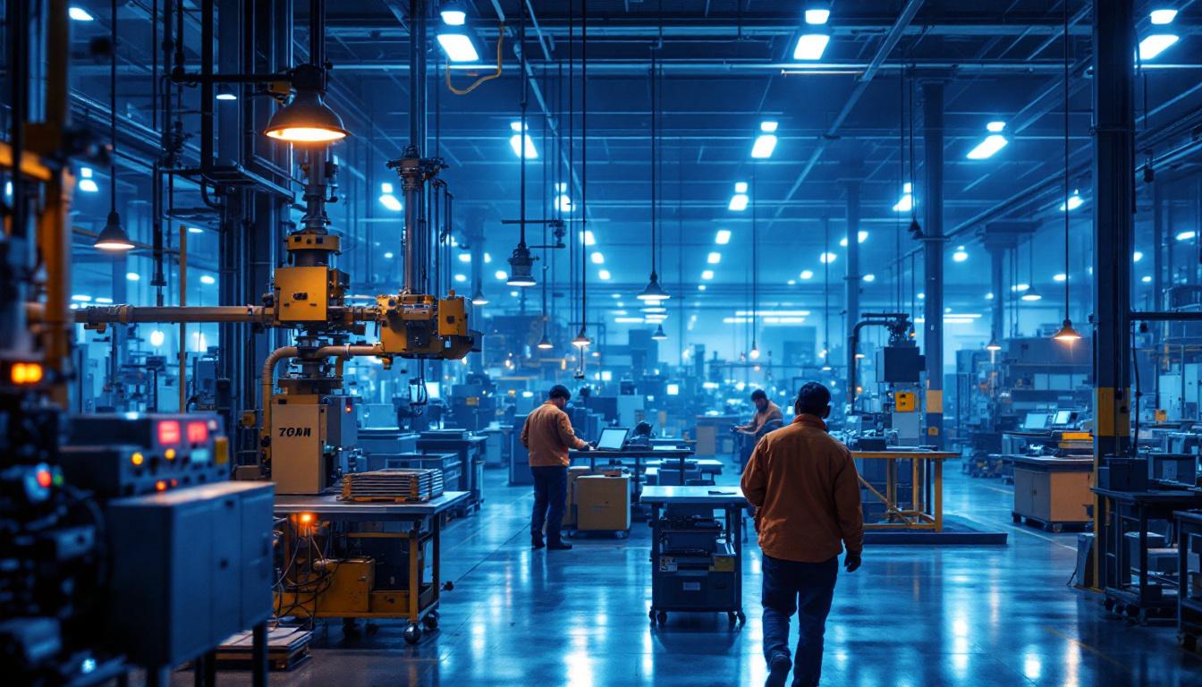 A photograph of a well-lit industrial setting featuring led factory lights illuminating machinery and workspaces