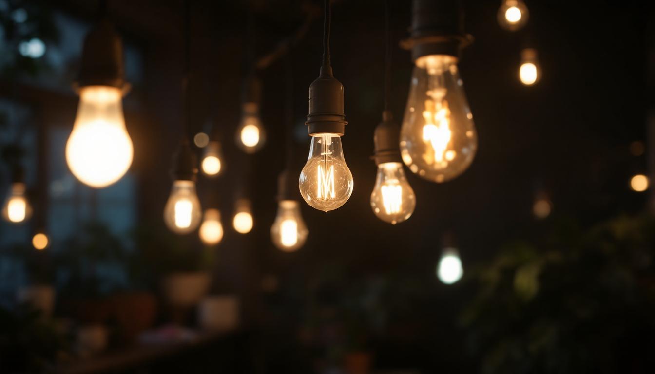 A photograph of a well-lit indoor space showcasing various bright light bulbs in use