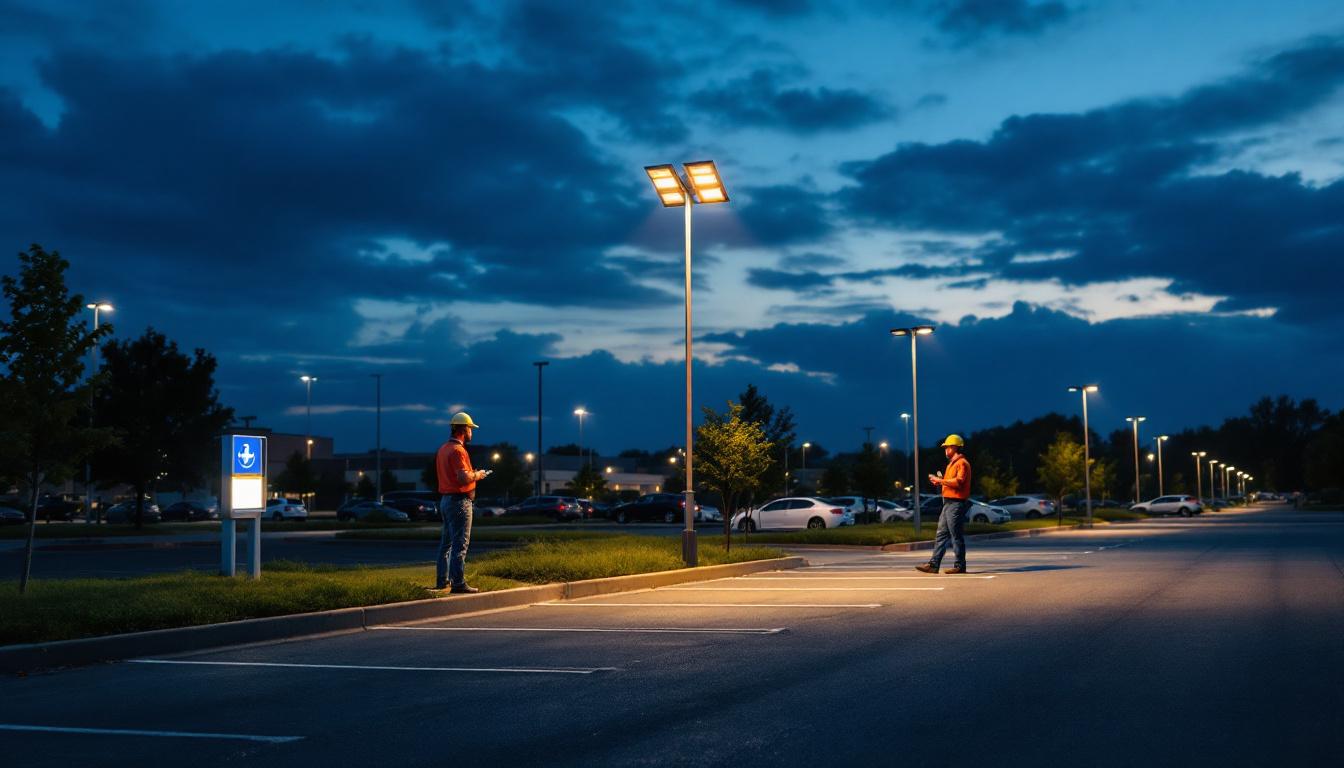 A photograph of a well-lit parking lot at dusk