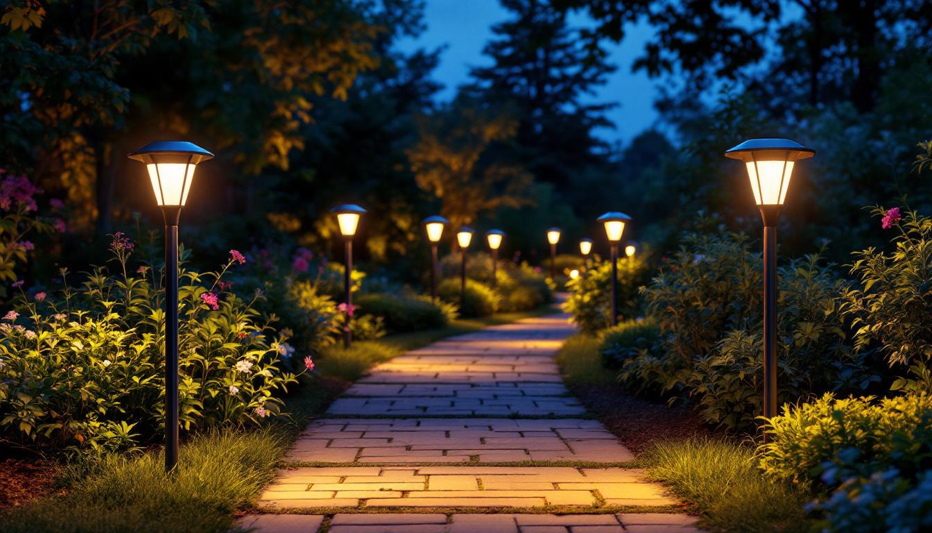 A photograph of a beautifully illuminated garden pathway featuring various styles of solar walk lights at dusk