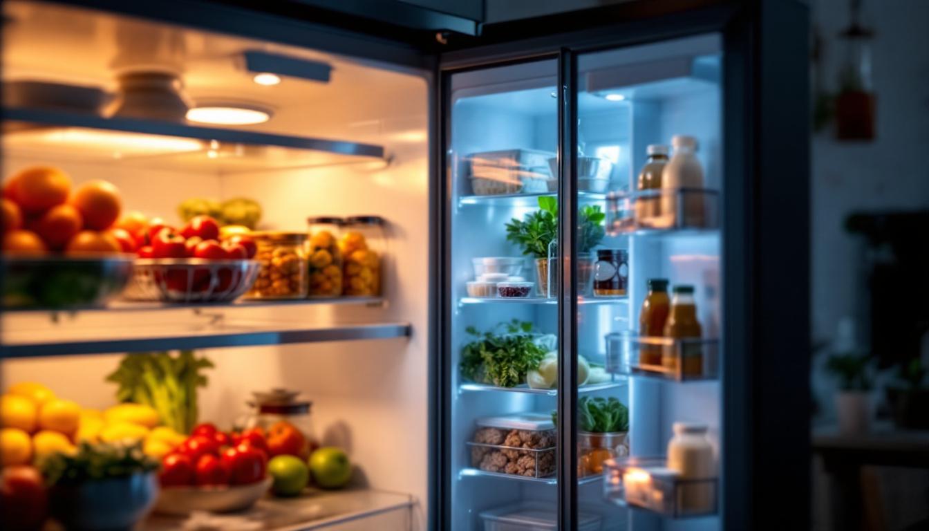 A photograph of a modern refrigerator with its interior light illuminated
