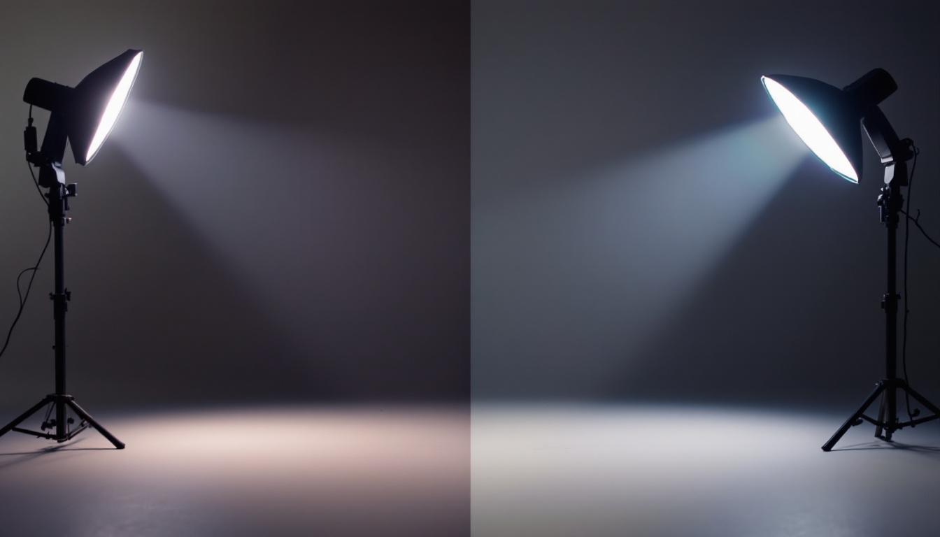 A photograph of a side-by-side comparison of various lighting setups