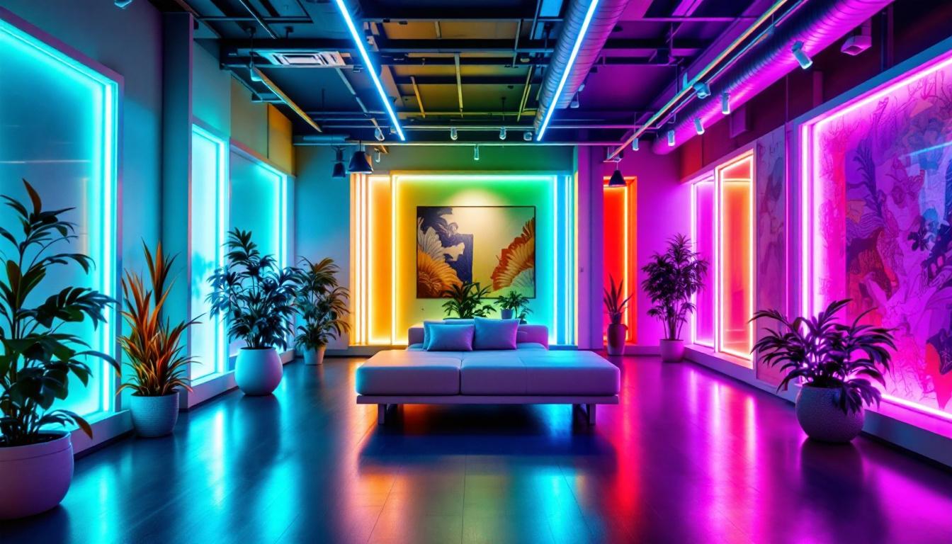A photograph of a vibrant and well-lit space showcasing 3 ft led light strips installed in various configurations