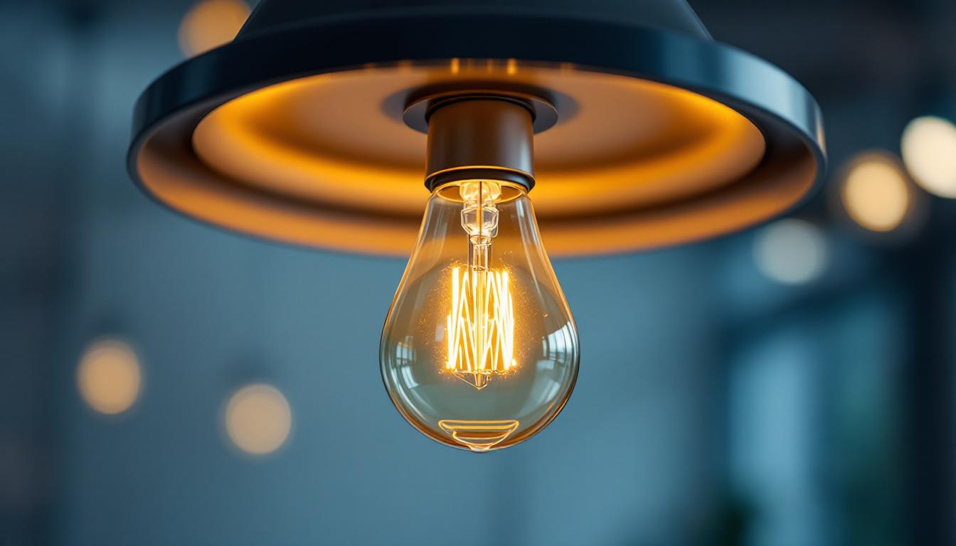 A photograph of a type b light bulb in a modern lighting fixture