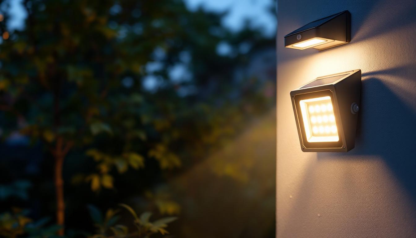 A photograph of a solar flood light installed in an outdoor setting at dusk