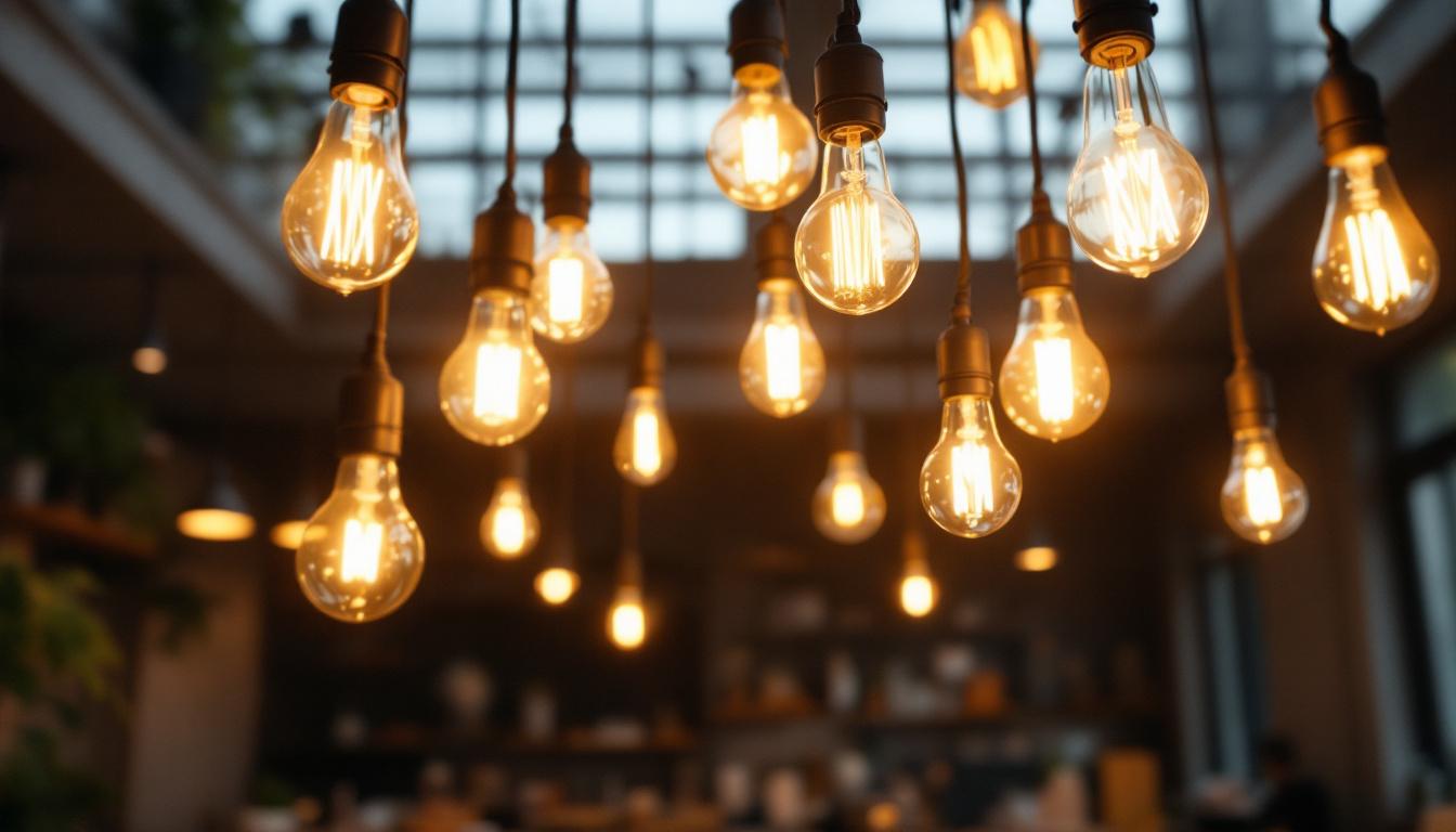 A photograph of a well-lit commercial space showcasing various types of lighting bulbs in use