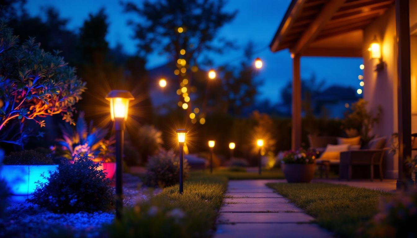 A photograph of a beautifully illuminated outdoor space featuring various colored solar lights in action