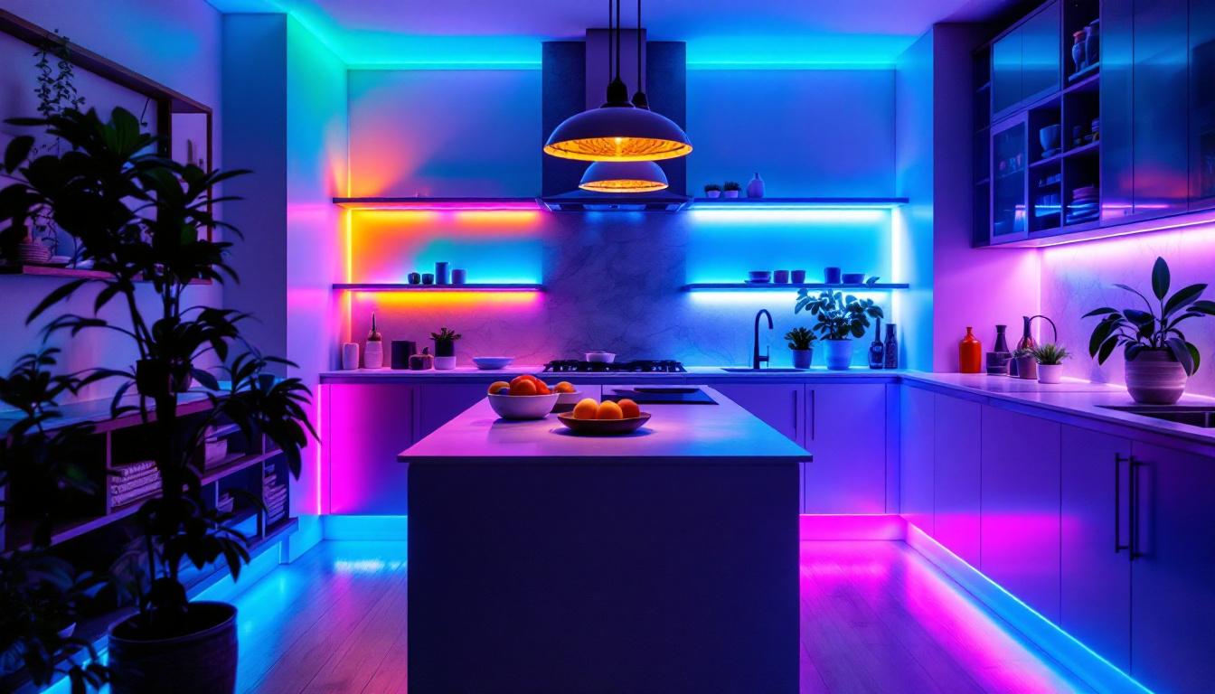 A photograph of a beautifully designed space featuring multi-color led tape lights