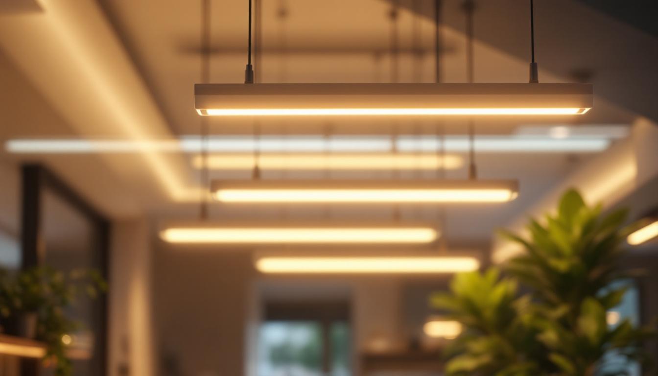 A photograph of a modern lighting installation featuring light tubes in a commercial or residential setting