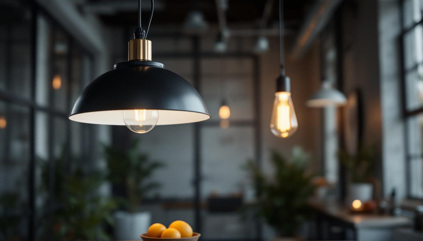 A photograph of a well-designed suspension light fixture in an industrial or modern interior setting