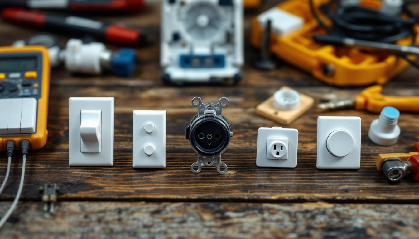 A photograph of a close-up shot of various types of switches and sockets arranged aesthetically on a wooden surface