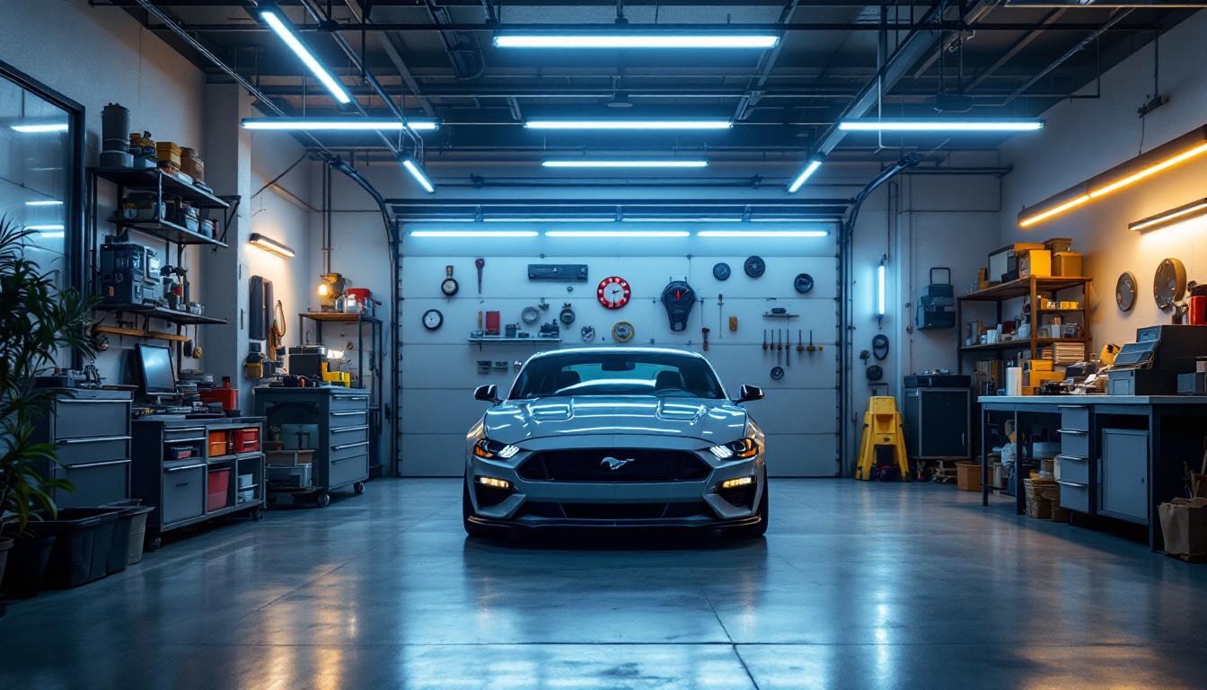 A photograph of a well-lit garage showcasing various strip lighting installations