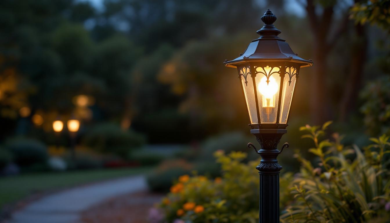 A photograph of a beautifully designed large outdoor post lantern illuminated at dusk