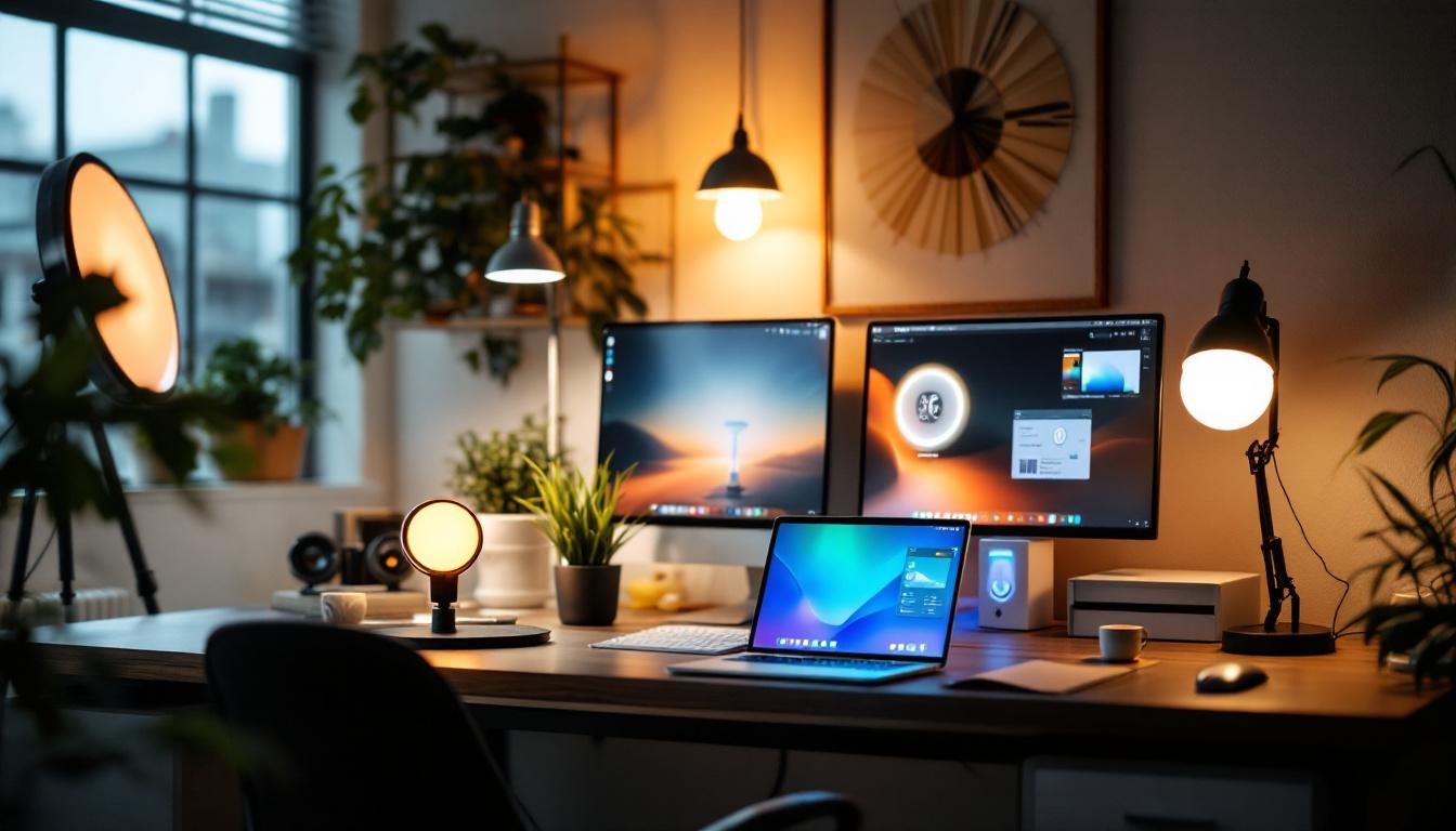 A photograph of a well-lit workspace featuring general electric lighting products prominently displayed alongside competitors' offerings